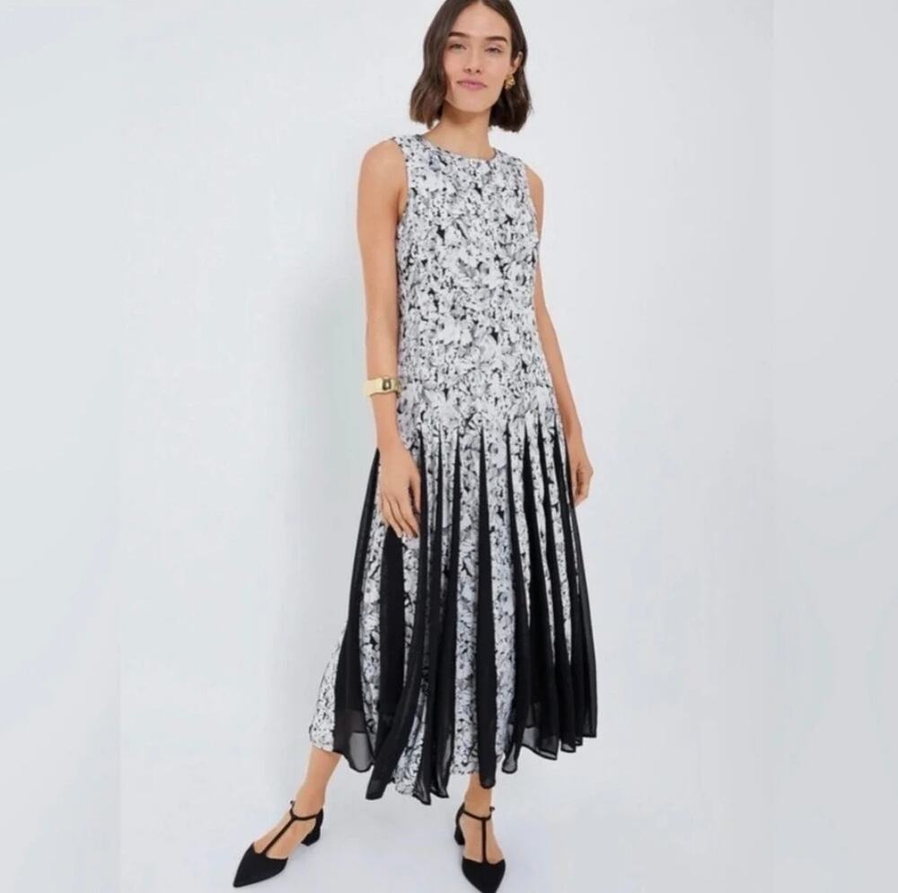 tuckernuck midnight garden andi floral pleated dress black & white, women size 6